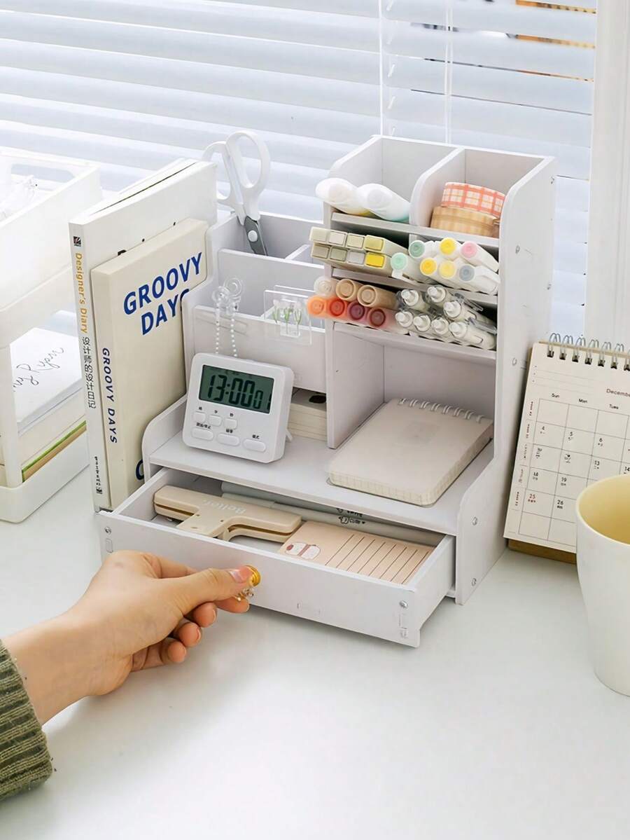 1 pieza Organizador de escritorio DIY para portalápices y almacenamiento, organizador de papelería de oficina multifuncional, taza de madera y plástico de gran capacidad