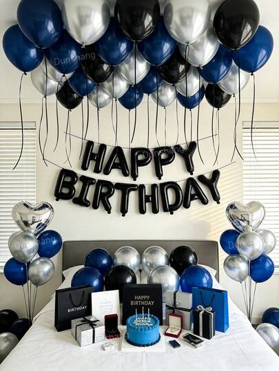 18/60 piezas Juego de globos de cumpleaños estilo estadounidense en negro, plateado y azul - Decoraciones de cumpleaños para hombres y mujeres, Pancarta de "Feliz Cumpleaños" + Globos de corazón de papel de aluminio, Globos de látex gruesos en azul marino, negro y plateado, Fondo de fiesta de estética oscura, Adecuado para decoración romántica del dormitorio, Fiesta de cumpleaños a medianoche, Accesorios para fotos de cumpleaños, Suministros para fiestas de aniversario