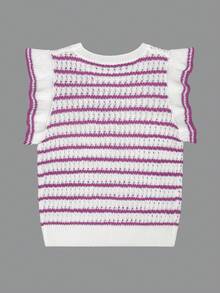 Women's Crochet Striped Knit Sleeveless Top, Lightweight Round Neck Ruffle Hem Short Sleeve Blouse Pink Summer - Pink - View 7