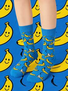 1双男女通用趣味香蕉印花中筒袜，水果图案透气吸湿袜，适合春夏穿着 - 彩色 - 查看 5