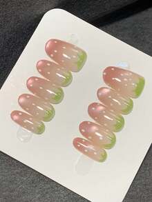 10pcs Pure Handmade Press On Nails Medium Nails Oval Nails Pink Nails Sweet And Lovely Style Pink Ombre Cat Eye Hand-Painted Strawberry Green Leaf Polka Dot Pattern Simple And Clear Press-On Nails For Women And Girl,Spring Summer Fall Winter Festivals Party And Dailys Life Use - Pink - View 2
