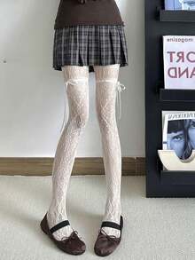 1双黑色/白色/咖啡色/灰色/紫色系带镂空蝴蝶结渔网袜，Y2K风格，春夏款 - 彩色 - 查看 5