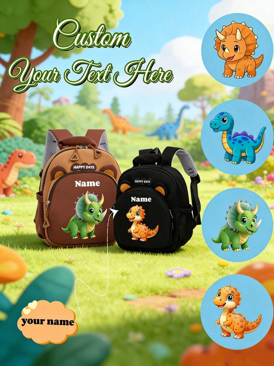 This Customizable Mini Cartoon Dinosaur Print Backpack Features Adjustable Shoulder Straps, Hand-Held Design, Zipper Closure, And Is Made Of Nylon Material. It Is Very Suitable For Daily Use, Shopping, And Traveling. It Also Makes A Great Gift For Birthdays Or Christmas., Kawaii Aesthetic - Multicolor - View 1