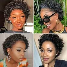 VIOLLY 6英寸杰瑞卷发精灵短假发，13x1高清透明蕾丝前额假发，150%密度，融合式发际线，1B黑色 - 自然色&黑色系 - 查看 10