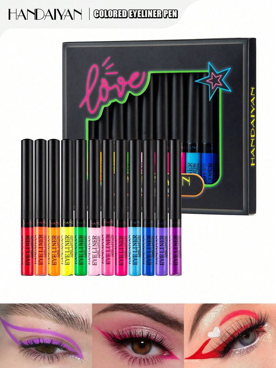 HANDAIYAN 12支装彩色眼线笔套装：哑光速干液体眼线笔和凝胶眼线笔，适合万圣节、圣诞节、返校季和校园派对，也适合女性面部彩绘，是Y2K复古时尚的理想之选，可作为生日/情人节/母亲节礼物，也是狂欢节派对的必备单品，色彩搭配丰富。