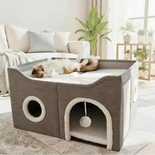 Indoor Cat Bed - Large Cat Hole, Pet Cat House, With Fluffy Ball Suspension And Scratch Pad, Foldable Cat Bed, 23.8x15.9x13.2 Inches, Gray - Multicolor - View 9