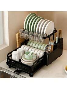Dish Rack, 2 Tier Dish Drying Rack Dish Drainers For Kitchen Counter Storage Cutlery Holder Home Carbon Steel For Dishes,Cups,BowlsSpace-Saving Design Suitable For Women In Apartments - Black - View 1