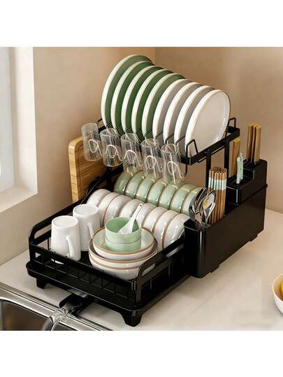 Escurreplatos de 2 niveles, escurridor de cocina inoxidable con escurridor y soporte para utensilios, accesorios de cocina.