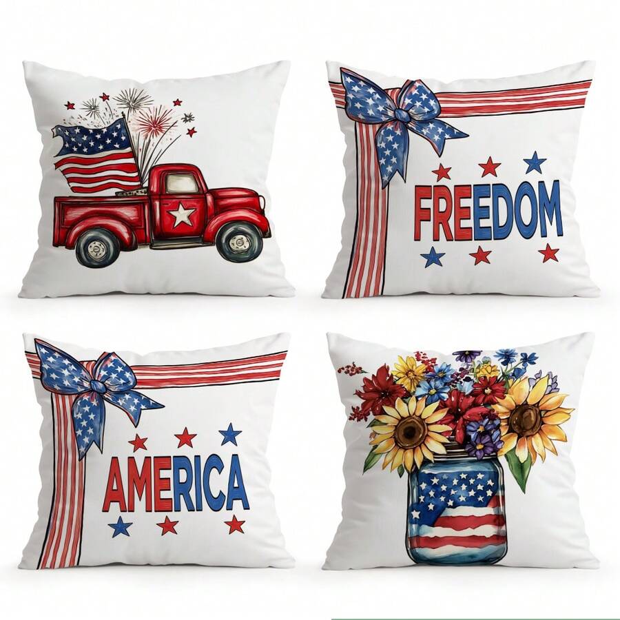 4pcs Independence Day Celebration Pattern Pillow Covers, Single-Sided Printed Pillow Shams, Suitable For Living Room, Bedroom, Home Decor, All Seasons - Multicolor - View 1