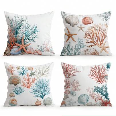 4件套沙滩主题图案抱枕套（不含枕芯），单面印花，适用于客厅、卧室家居装饰，四季皆宜