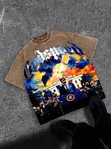 Men's Washed Vintage Crewneck T-Shirt, 100% Cotton 230GSM, Godspeed Dark Graffiti Print, Retro Faded Style, Edgy Streetwear, Summer Outfit, For Daily Leisure, Streetwear Shops, Party Carnival, Night Outings, Valentine's Day Gift For Boyfriend,Camisas Para Hombre,Mens Clothes,Summer Outfits,Summer Tops,Graphic Tee,St Pattys Day Outfit,Easter Outfits,Spring Clothes - màu nâu cà phê - Xem 12