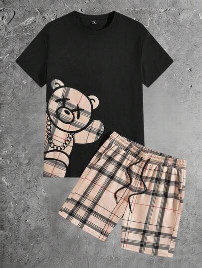 Conjunto de camiseta de manga corta con estampado de oso a cuadros y pantalones cortos con cordón en la cintura para hombre, conjunto de verano, ropa casual, atuendos cómodos, cosas de pareja
