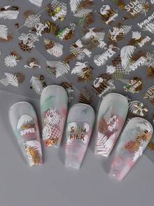 2/4 片装全息 3D 美甲贴纸，白色金色树叶图案，自带背胶，热带度假风装饰，包含棕榈叶、菠萝、火烈鸟、椰子壳图案，夏季美甲用品 - 彩色 - 查看 5