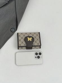 女士PU材质字母印花短款三折钱包，多卡位大容量，时尚便携，适合OL通勤族，旅行必备迷你钱包，小巧可爱，夏季格纹小钱包 - 灰色 - 查看 5