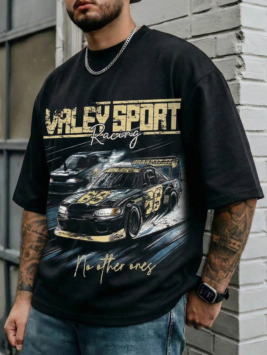 FRACTYR Men's Vintage Street Racing Atmosphere | #69 Racing Car Graphic T-Shirt | Must-Have Street Style Round Neck Short Sleeve T-Shirt - Black - View 1