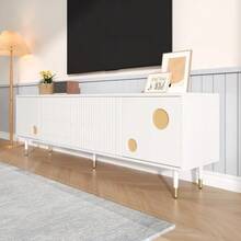 TV Cabinet With A Grid-Like Structure, Concealed Handle, And Gold Finish. Living Room Furniture. Two Solid Wood Doors. - White - View 5