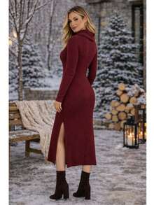 Midi Dress With A Cowl Neck, Long Sleeves, Side Slits, Knit Fabric. - 紅木色 - 查看 4