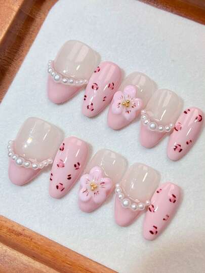 10pcs Handmade Wear-Resistant Gradient Leopard Print Nail Stickers, 3D Sakura Pearl Rhinestone Decorated False Nails, Delicate White To Pink Gradient Customized Nail Patches, Unique Design Sweet Atmosphere Nail Covers, Versatile For Commuting, Dating, Bride & Bridesmaid, Students, Reusable