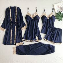 Five Piece Set Of Fashionable Multi Colored Optional Satin Contrasting Lace Straps With Waist Cinching Comfort, Suitable For Women To Wear As Outerwear For Home Wear - 酒紅色 - 查看 3