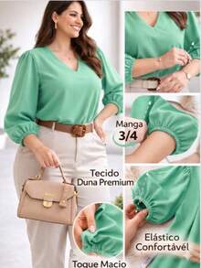 Women's 3/4 Sleeve Blouse In Duna Crepe, Elegant, Workwear, Plus Size (GG, G1, G2, G3), Evangelical Fashion - Mint Green - 薄荷綠 - 查看 4