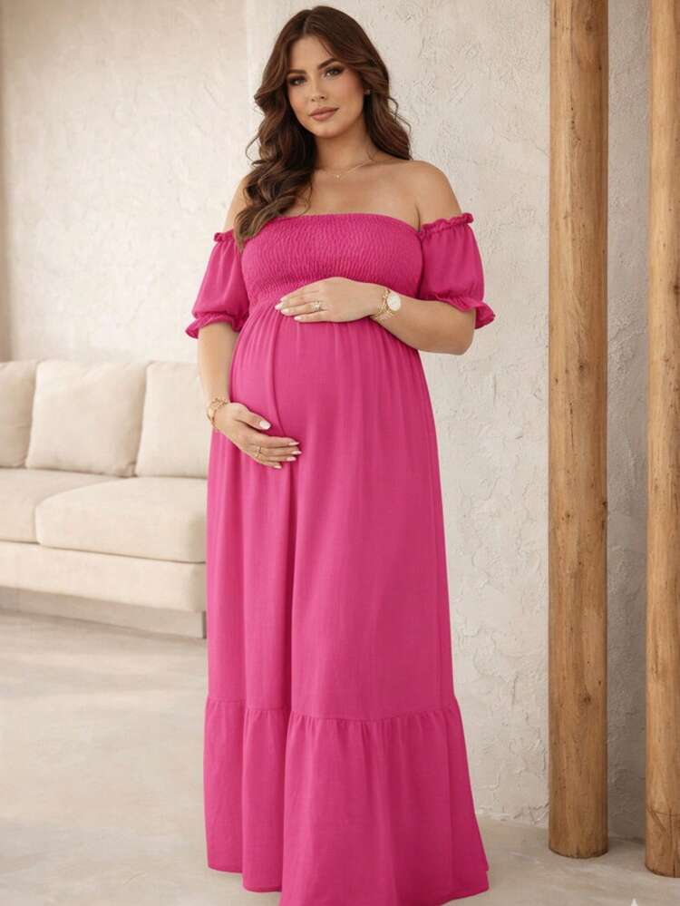 Women's Plus Size Long Ruffled Dress With Princess Sleeves And Elasticated, Adjustable Bodycon Style For Elegant Parties. - Hot Pink - View 1