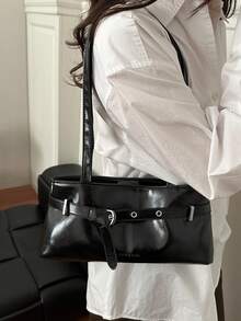 Bolso de hombro de mujer con diseño de hebilla elegante y versátil, decoración de letra de cuero patentado de unicolor, adecuado para compras, carteras, compras, mujeres jóvenes, estudiantes universitarios, recién llegados y trabajadores de cuello blanco. Son muy adecuados para oficinas, universidades, trabajo, negocios, viajes al trabajo, actividades al aire libre, viajes y salidas - Negro - Ver 5