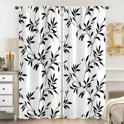 2PCS Minimalist Black Leaf Vine Printed Curtains, Delicate Botanical Branch Pattern On White Background, Timeless Modern Design, 100% Polyester Rod Pocket Drapes, Unlined, Ideal For Bedroom & Living Room Decor