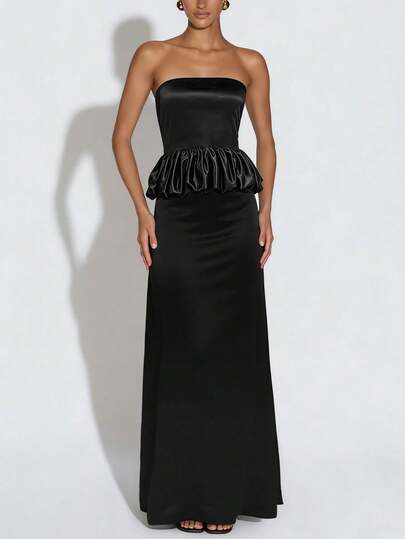 2 chiếc đầm dạ hội trang trọng màu trơn, viền bèo nhún, thanh lịch dành cho nữ