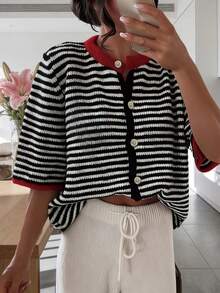 Nuevo suéter de mujer a rayas blancas y negras para primavera/verano 2026, adecuado para el Día de San Valentín y días festivos - Blanco y Negro - Ver 4