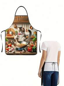 1pc Cartoon Cooking Cat Apron, Casual Style, 100% Polyester, Non-Stretch Fabric, Woven, 150g/M², Tie Back Detail, Loose Fit, All-Season Kitchen Apron For Men And Women - 60*80cm - View 8