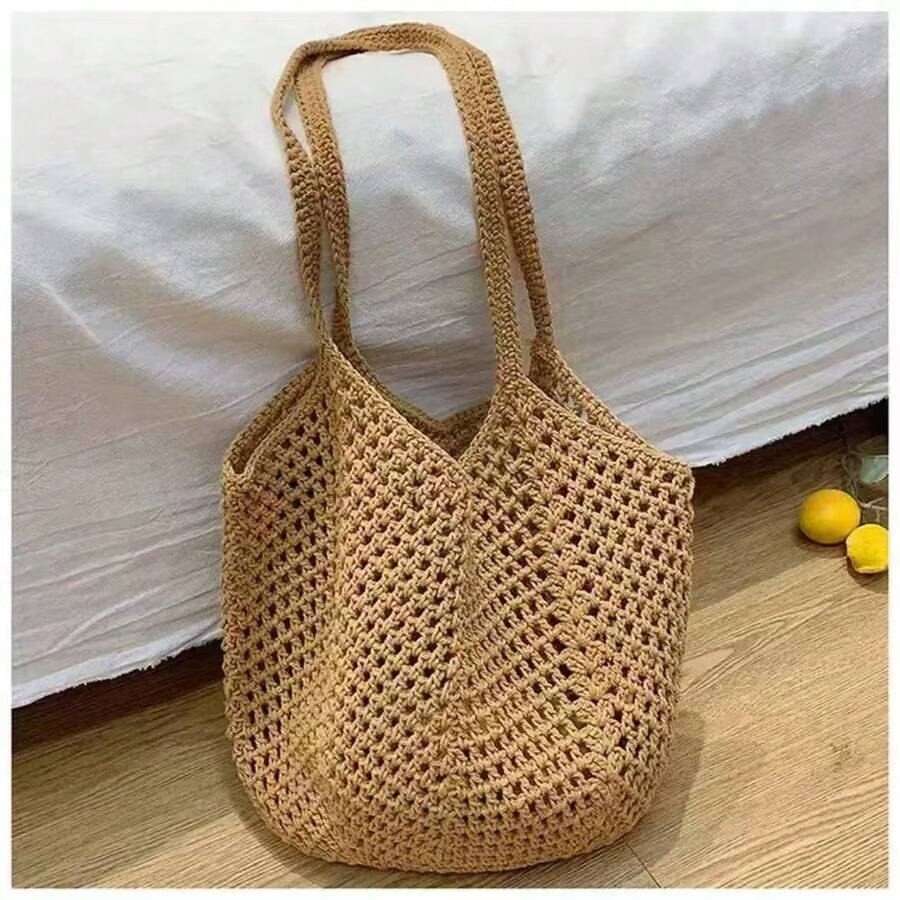 1 chiếc túi tote dệt kim thời trang mùa hè mới, túi lưới, túi đi biển đan móc - màu nâu - Xem 1