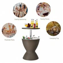 COSTWAY Outdoor Ice Cooler, 8 Gallon Cool Bar Table, Weather Resistant Ice Bucket W/Height Adjustable Tabletop, Imitated Rattan Style, 3-In-1 Cocktail Table For Party, Barbecue, Picnic, Brown - Brown - View 7