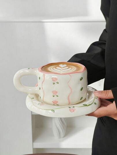 Bộ 1 tách và đĩa sứ hoa văn, tách và đĩa sứ kiểu Châu Âu trang nhã, tách và đĩa cà phê, tách và đĩa sứ, tách trà chiều chất lượng cao, tách sữa ăn sáng gia đình, tách cà phê, tách nước, tách nước ép, tách quà tặng, đồ dùng uống, tách và đĩa.