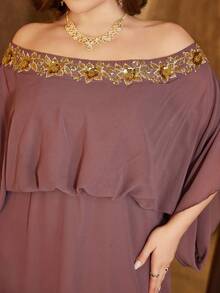SUPGIR Robe à manches chauve-souris avec épaules dénudées avec patchwork de broderie de sequins de luxe, jupe fluide, robe de soirée formelle - Vieux Rose - Voir 6