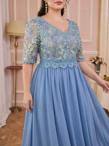 Solessence Vestido de noche de gasa con cuello en V, bordado en contraste y dobladillo de manga media, para fiesta, boda, invitada de boda, vestido de noche, Día de San Valentín - Azul - Ver 3
