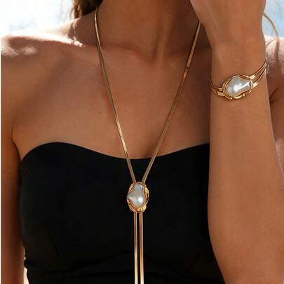 2pcs Luxury Asymmetric Faux Pearl Necklace & Bracelet Set, European And American Style Long Tassel Metal Choker Necklace And Bracelet Jewelry Set