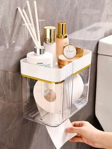 1pc Transparent Waterproof Tissue Box, Wall-Mounted Roll Paper Tissue Box Storage Rack - Grey - View 9