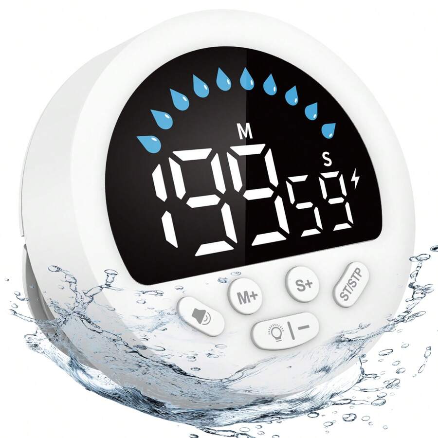 Waterproof Self-Discipline Timer With Suction Cup, Lanyard & Desktop Stand | Water Drop Countdown Display | Multi-Scene Reminder For Bathroom, Bedroom, Kitchen & Workout - White - View 1