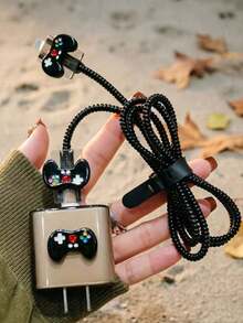 Cartoon Gaming Console Pattern 6 In 1 Set Black Shockproof TPU EVA Cable Organizer Bag 1.5M Winding Clip Charging Head Protector Compatible With Apple 20W Fast Charging Cable Sleeve Charger Protector Women's Day Gift Birthday Celebration - Black - View 4