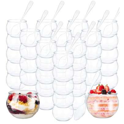 10/20pcs Plastic Dessert Cups With Spoons, Yogurt/Fruit Cups/Appetizer Cups Suitable For Parties, Mini Dessert Cups For Pudding, Fruit, Ice Cream, Wedding Supplies