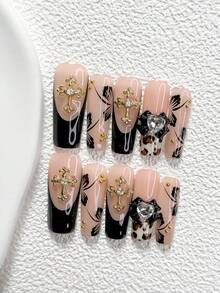 10Pcs Fashionable Style Handmade Press On Nail,Polygel Nail Set,Ballet Core Bows And Rhinestone Heart Accents,Brown And Black Nail Polish,Cool Style,Includes Nail Tools,3 Sizes Available,Almond,Duck,Coffin Nails For Party,Dance,Daily Wear. - 彩色 - 查看 18