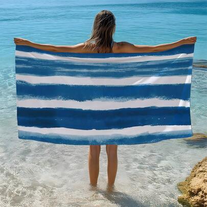 1pc Blue Watercolor Striped Print Beach Towel/Bath Towel, Single-Sided Printing, Quick-Drying Super Soft Fiber Beach Towel, Sunscreen Shawl Blanket, Yoga Mat, Portable Holiday Beach Pool Sports Towel, Skin-Friendly Soft Gift Towel, Lightweight Towel For Bathroom And Beach