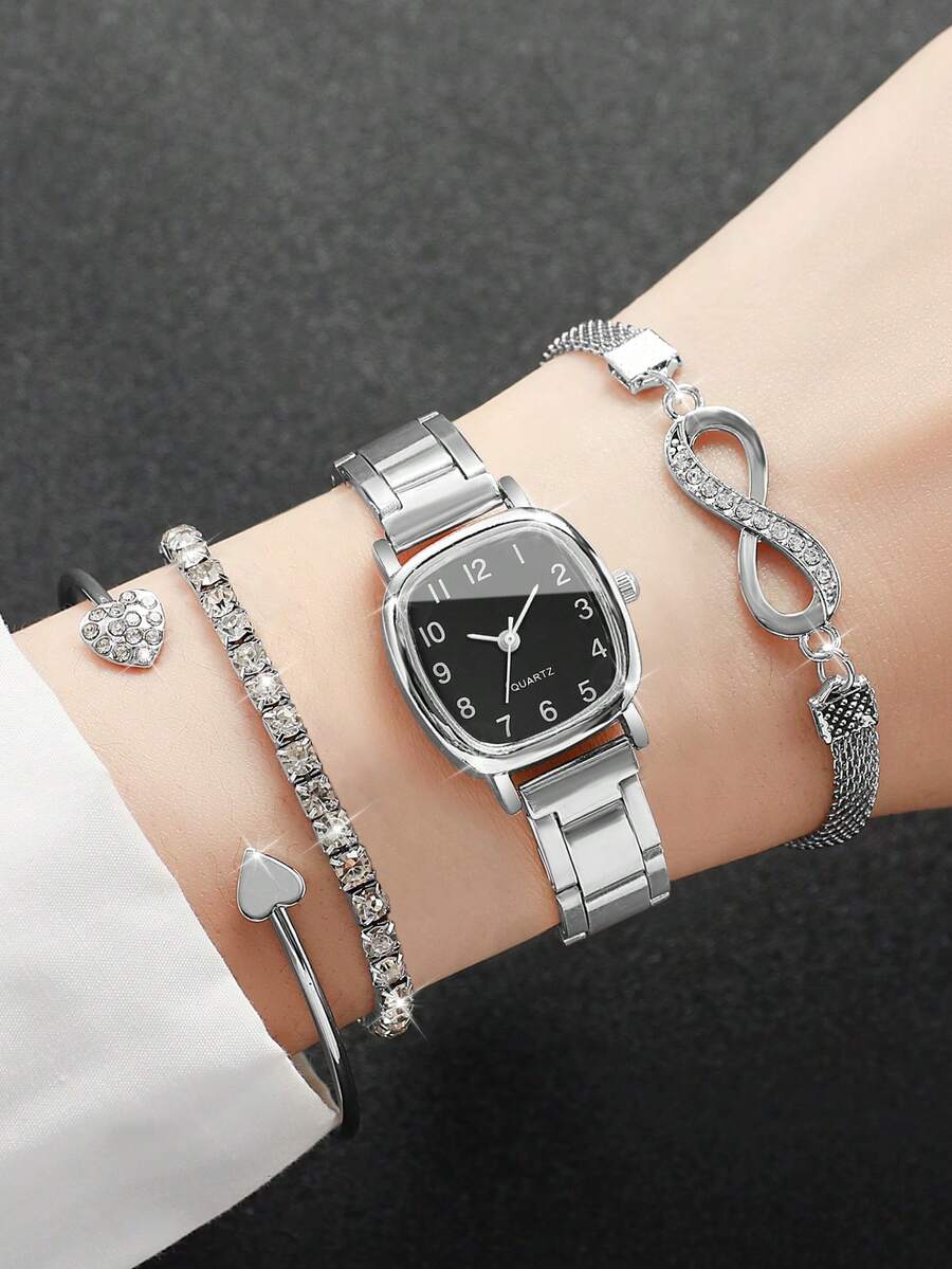 4pcs/Set Women's Square Dial Elegant Quartz Wrist Watch + Bracelet, No Watch Box Included - Silver - View 1