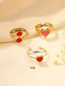 Set de 3 anillos abiertos de acero inoxidable de color dorado vintage, con gota de aceite rojo, adecuado para uso diario de mujeres o como regalo - Amarillo Oro - Ver 4