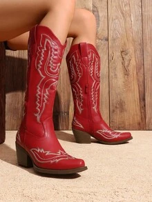 Cowboy Knee High Boots For Women Western Retro Embroidered Cowgirl Boots Fashion Narrow Square Toe Comfortable Vintage Side Zipper Tall Boots For Ladies - 紅色 - 查看 2