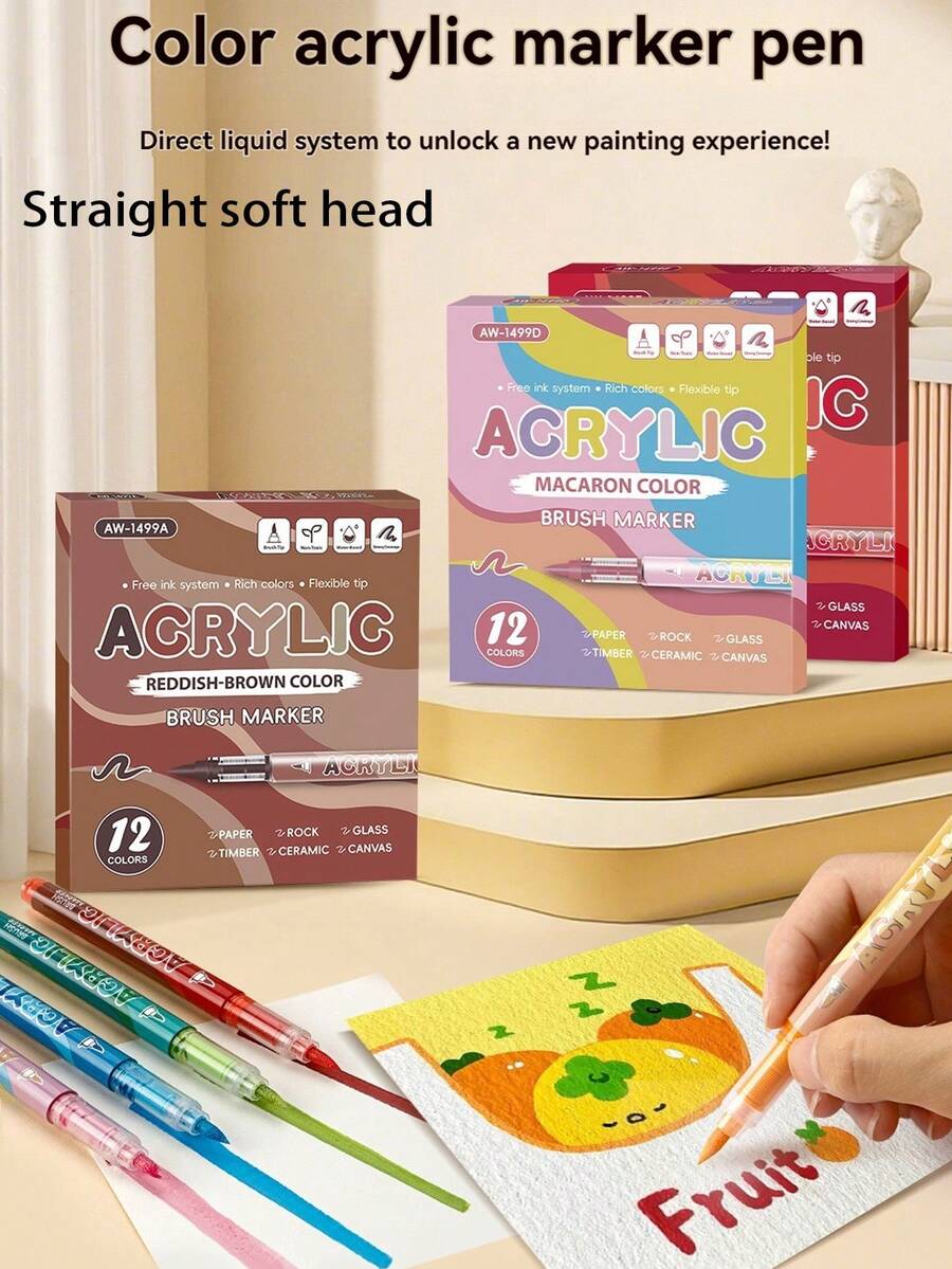 Bộ bút vẽ màu acrylic 12-84 màu, bộ 7 màu, 12 chiếc/hộp, màu chuyển sắc - Không lem, khô nhanh, thích hợp cho vải bố, vải, đá, gốm sứ, gỗ và thủy tinh | Dụng cụ thủ công chất lượng cao dành cho nghệ sĩ - Bộ - Xem 1