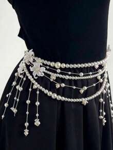 1pc Fashion Minimalist Pearl Tassel Multi-Layer Waist Chain, Unique Elegant Chic Elegant Sexy Butterfly & Flower Pearl Waist Chain, Women's Holiday Gift, Women's Party Jewelry - Multicolor - View 2