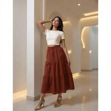 Women's Long Skirt, Duna Três Marias Fabric, High Waist With Elastic - Rỉ Nâu - Xem 3