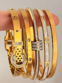 Bộ 5 vòng tay mạ vàng PVD 18K có thể xếp chồng lên nhau | Vòng tay mảnh mai chống thấm nước | Họa tiết pha lê và hình học | Trang sức thời trang tối giản dành cho nữ - Vàng - Xem 11