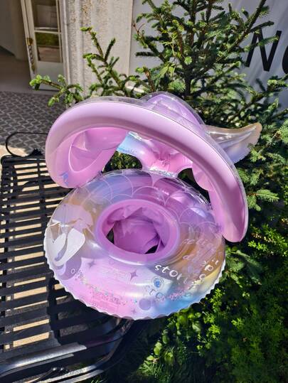 1pc Starry Sky Pattern Purple Mermaid Tail Shaped Kids Swimming Ring With Sun Shade Top